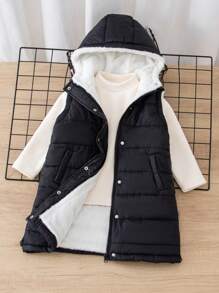 SHEIN 带帽拉链的年轻女孩加厚背心，冬季保暖厚实 - 黑色 - 查看 3
