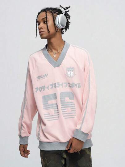 Prep Sweat-shirt décontracté à manches longues col en V avec impression de lettre pour hommes, automne