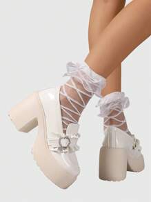 ROMWE Kawaii 甜美酷炫厚底牛津鞋，高跟，洛丽塔风格，心形扣和花卉装饰，学生玛丽珍鞋 - 白色 - 查看 2