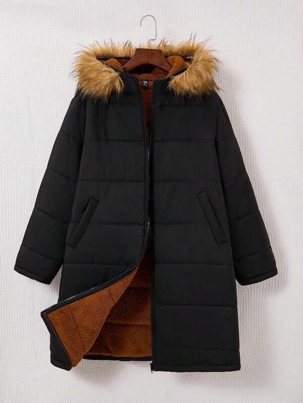 SHEIN EZwear Plus Size Women Warm Thermal Lined Hooded Zipper Cardigan With Pockets For Outdoor, Black With Camel Borg Fur, Long Sleeve, Winter