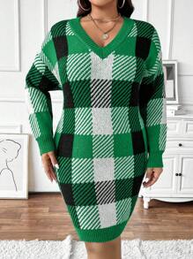Calvaya 大码女式 V 领格子休闲通勤针织毛衣连衣裙，秋冬 - 彩色 - 查看 4