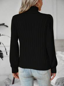 SHEIN LUNE Áo len nữ dáng suông đơn giản, màu trơn, cổ cao, tay phồng, chất liệu dệt kim gân, thích hợp mặc hàng ngày vào mùa thu/đông. - màu đen - Xem 2