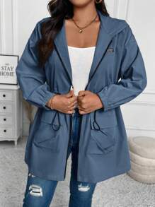 SHEIN LUNE Abrigo con capucha de unicolor y cordón en la cintura, ropa de mujer de otoño, Año Nuevo, invierno y fiestas para mujer de talla grande - Neblina azul - Ver 5