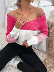 Chiquease 女士休闲优雅拼色扭纹露肩毛衣，秋冬款 - 彩色 - 查看 2