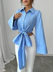 Chiquease Áo sơ mi tay dài cổ tròn đính ngọc trai, dây đeo chéo vai, màu xanh, tay chuông, eo bó, thiết kế nơ và eo, ôm vừa vặn, đa năng, hẹn hò, đi làm, tiệc tùng, kỳ nghỉ, tuyệt đẹp, tay dài, áo cánh thu đông - Màu xanh lam - Xem 6