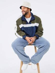 Manfinity NXTstreet Plus Size Men's Letter Print Casual Long Sleeve Partial Zip Jacket, Color Block Lightweight Jacket, For Autumn Going Out, Friends, Husband, Boyfriend Gifts