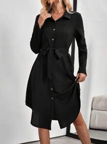 EMERY ROSE Long-Sleeve Blue Shirt With A Waist-Tied Belt,Midi Women Dresses - Black - View 4
