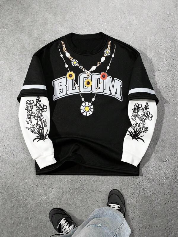 Manfinity EMRG Men's Everyday Casual Pearl Necklace With English Word "BLOOM" And Sunflower Plant Pattern, Hip-Hop Necklace, Black With White Sleeves 2 In 1 Black Sweatshirt, In-Style Ins Fashion
