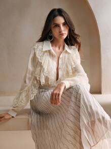 Anewsta 圣诞法式蕾丝荷叶边珍珠缀饰灯笼袖雪纺衬衫，米色/象牙色女式衬衫