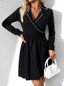 SHEIN Clasi 1 pieza Vestido de suéter de manga larga elegante con dobladillo de burbuja envuelto en cruz de un solo color - Negro - Ver 6