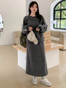 DAZY Bộ 2 áo nỉ và quần dài cho nữ, áo chui đầu cổ tròn tay dài có nơ trang trí, bộ đồ thể thao thu đông cho nữ - Màu Xám nhạt - Xem 2