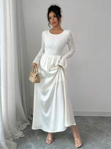 Elenzga Vestido de cóctel elegante de color albaricoque para mujer, para fiesta, boda, vestido de alto nivel con mezcla de encaje, espalda abierta, de seda y satén, corte evasé