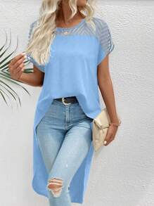 SHEIN LUNE 圆领网眼撞色纯色高低休闲短袖衬衫 - 淺藍色 - 查看 6