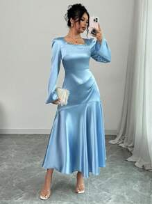 Elenzga Elegant Long Dress With Ruched Neck And Fishtail Hem Maxi Satin Women Outfit