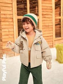 SHEIN Young Boy Casual Street Fashion Daily Wear Letter Print Flap Pocket Zipper Front Hooded Padded Coat, Winter - Apricot - View 5