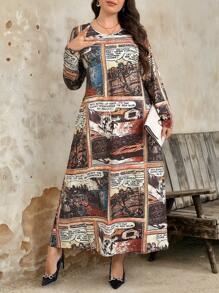 SHEIN LUNE Robe de style décontracté longue avec imprimé de bande dessinée, tailles grandes pour l'automne