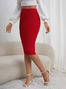 SHEIN Privé 女士优雅纯色后拉链紧身迷你裙，秋季 - 紅色 - 查看 5
