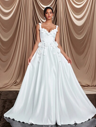 Glamrae Elegant Luxurious Beige Satin 3D Floral Designed Large A-Line With Train Suitable For Weddings, Parties, Proms, Holidays, Ballroom