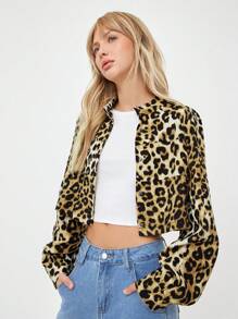 SHEIN EZwear Leopard Print Contrast Side Seam Raglan Sleeve Crop Jacket - Multicolor - View 6