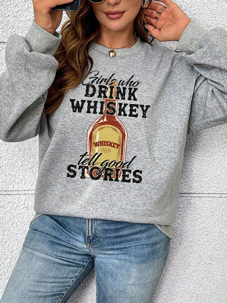 女式休闲图案印花落肩宽松羊毛圆领运动衫，秋冬 - 灰色 - 查看 1