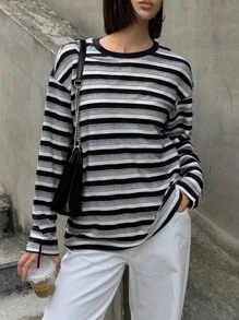 DAZY Áo nỉ cổ tròn rộng rãi họa tiết sọc Colorblock dành cho nữ, Quần áo mùa thu - Xám - Xem 3