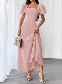 Firerie Đầm nữ cổ vuông tay ngắn màu trơn - Hồng - Xem 4