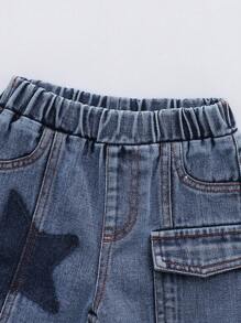 Calça jeans infantil estilo urbano, estilo vintage, perna larga, estilo bebê menina, modelo Y2K, com cintura totalmente elástica e detalhe de patchwork de estrela, sem blusa. - Lavagem Média - Ver 4