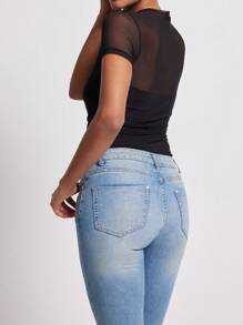 INAWLY 女士网眼撞色短袖紧身衣，夏季修身时尚外套 - 黑色 - 查看 4