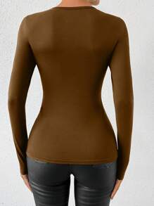 SHEIN PETITE Autumn Sexy Mesh Contrast Form-Fitting T-Shirt - Coffee Brown - View 2