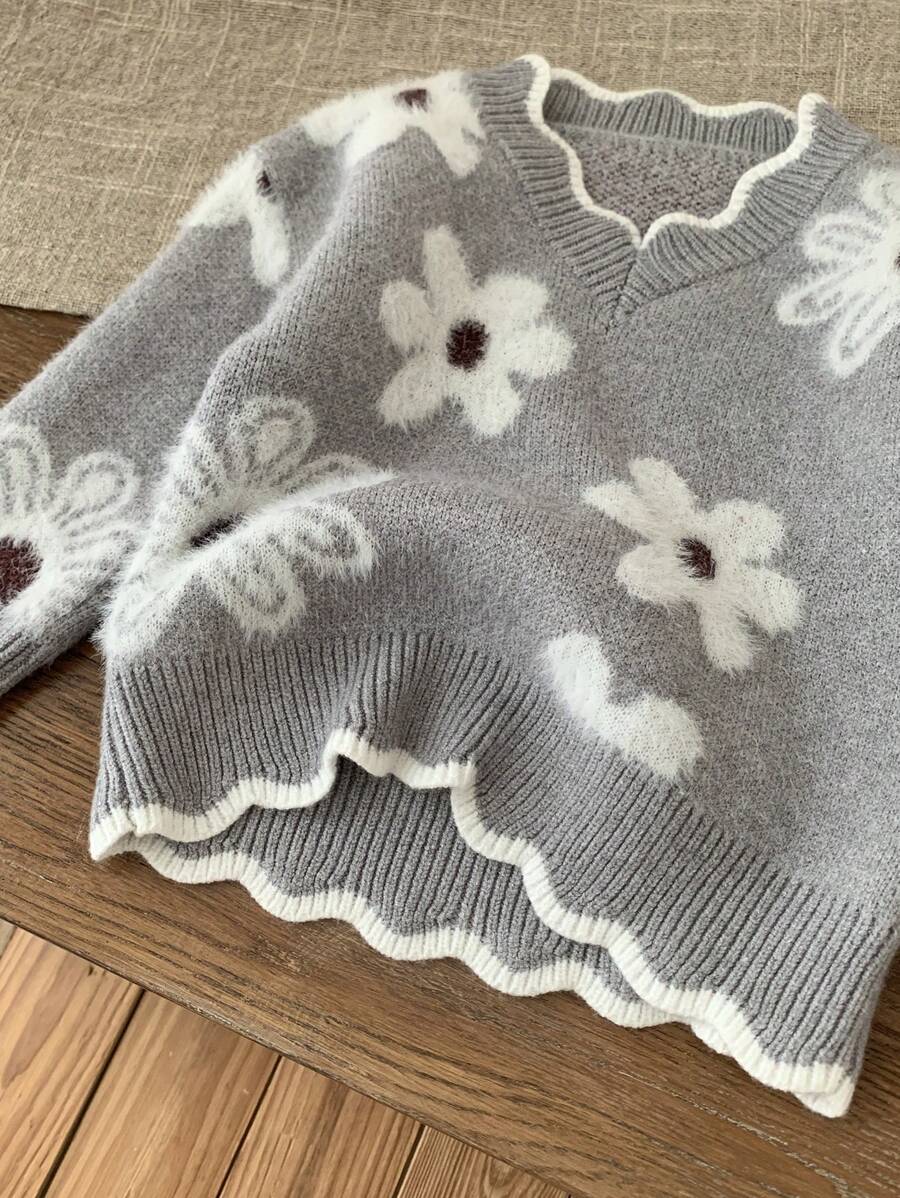 SHEIN LMoss Kids LMoss 女婴花卉图案灰色长袖毛衣，可爱百搭，秋冬 - 灰色 - 查看 1