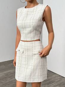 Chiquease 法式优雅粗花呢短款上衣和迷你裙 2 件套女士商务套装，春/秋/冬 - 米色 - 查看 5