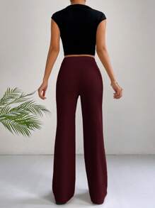 SHEIN EZwear 纯色高腰接缝细节黑色裤子 - 酒紅色 - 查看 2