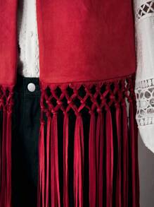 Maija Bohemian-Stil Herbst Rot Cut Out Handwerks Vintage handgefertigte Westen Jacke mit Quaste Saum für Frauen