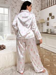 CottageSlumber Große Größen Blume Muster Faux-Seide Hemdkragen Langarm Top & Hose Pyjama Set, gemütlich und elegant, Herbst Winter Kleidung - Weiss - Übersicht 4