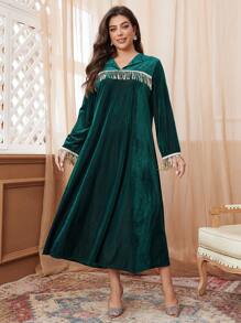 Al Najma Đầm dài Ả Rập trang trí sequin thanh lịch cho nữ cỡ lớn - Màu xanh lá cây đậm - Xem 1