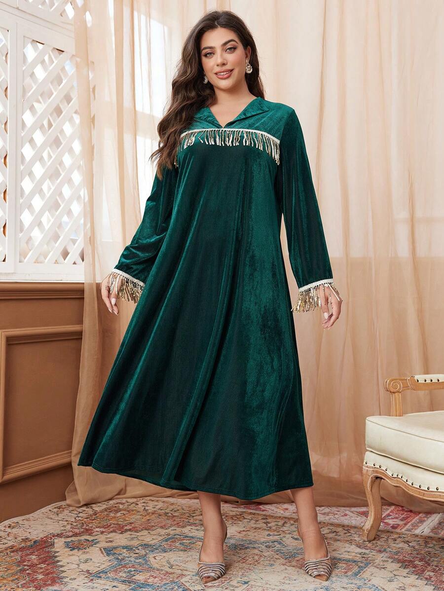 Al Najma Đầm dài Ả Rập trang trí sequin thanh lịch cho nữ cỡ lớn - Màu xanh lá cây đậm - Xem 1