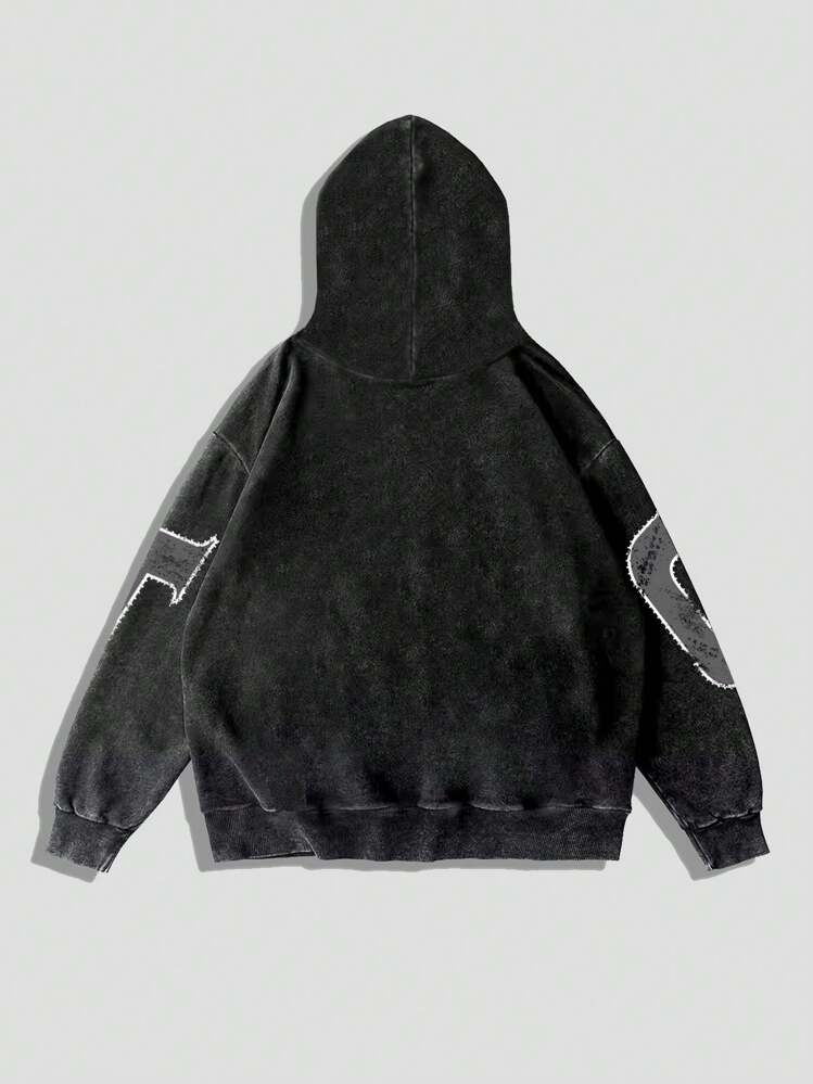 ROMWE MEN Street Life 男士休闲字母印花长袖连帽运动衫，秋季 - 黑色 - 查看 2