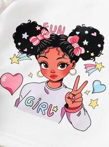 2pcs Set Baby Girl Cartoon Print Sweatshirt + Black Denim Effect Pants, Casual Outfit For Home, Leisure, Travel And Sports