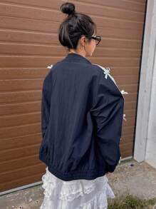 DAZY Contrast Ribbon Bow Printed Loose Women Jacket,Fall Women Clothes - Navy Blue - View 2