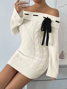 Chiquease 女士露肩长袖前系带短款针织毛衣裙，秋冬 - 杏色 - 查看 3