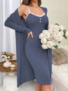 Snug Zone Women's Lace Trim Sleep Slip Dress & Robe Pajama Set, Fall Winter Clothes - Dusty Blue - View 4