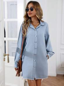 SHEIN LUNE Casual Washed Front Button Denim Dress, Autumn - Light Wash - View 4