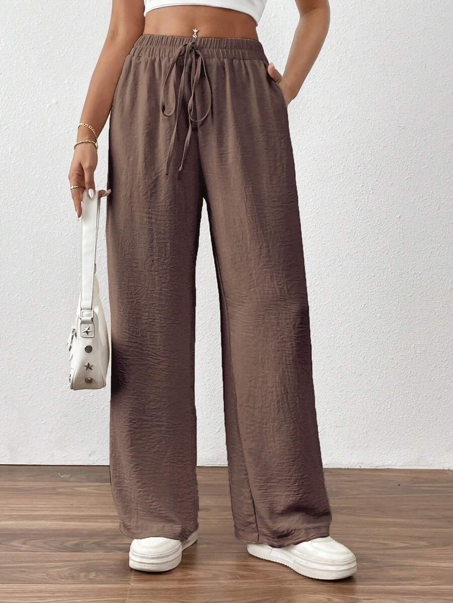 SHEIN PETITE Quần ống đứng túi xéo họa tiết trơn màu tối giản thời trang dành cho nữ - Màu nâu Sô-cô-la - Xem 1