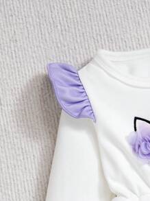Baby Girls Set With 3D Unicorn Print Ruffle Top And Striped Pants, Autumn/Winter Outfit - Purple - View 7