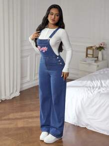 SHEIN EZwear Quần yếm denim vá chữ giặt thường ngày cho nữ/Quần yếm - Màu xanh lam - Xem 4