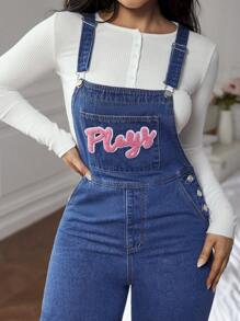 SHEIN EZwear Quần yếm denim vá chữ giặt thường ngày cho nữ/Quần yếm - Màu xanh lam - Xem 2