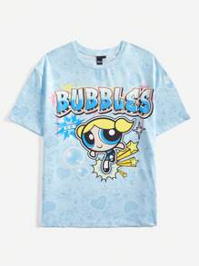 THE POWERPUFF GIRLS X SHEIN 女士休闲卡通字母印花宽松短袖 T 恤，夏季 - 藍色 - 查看 1