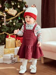 Cozy Pixies Baby Girl 2pcs Christmas Print Round Neck Long Sleeve Top And Bib Dress Set, Winter Clothes - Multicolor - View 4