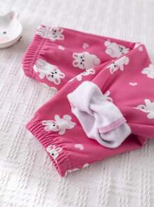 Cozy Pixies 2 pezzi/Set, maglioncino con cappuccio e pantaloni jogger, stampa coniglietto per bebè ragazza, abbigliamento invernale foderato termico