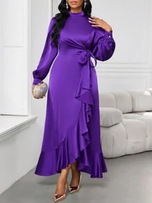 SHEIN Lady Vestido de satén morado, vestido de mujer, vestido de Navidad, vestido elegante para mujer, ropa de Navidad para mujer, ropa de mujer de otoño, vestido formal - Negro - Ver 6